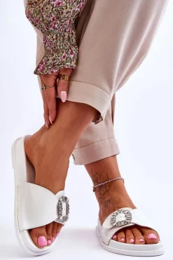 Damskie Klapki Na Platformie Z Ozdobą Białe Beneca