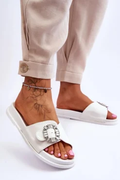 Damskie Klapki Na Platformie Z Ozdobą Białe Beneca