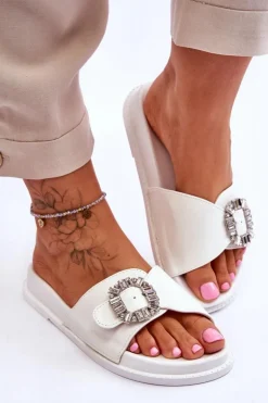 Damskie Klapki Na Platformie Z Ozdobą Białe Beneca