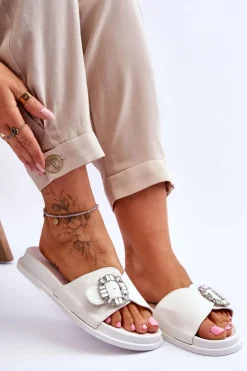 Damskie Klapki Na Platformie Z Ozdobą Białe Beneca