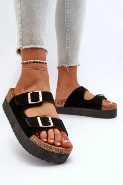 Damskie Klapki Na Platformie Z Klamrami Czarne Lolpey