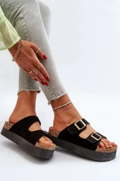 Damskie Klapki Na Platformie Z Klamrami Czarne Lolpey