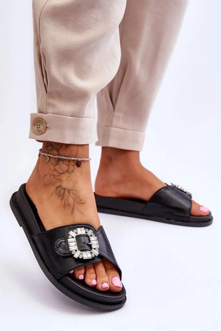 Damskie Klapki Na Platformie Z Ozdobą Czarne Beneca