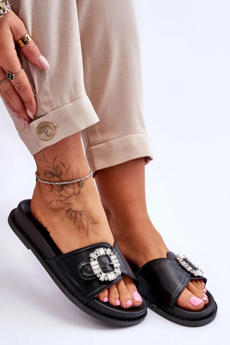 Damskie Klapki Na Platformie Z Ozdobą Czarne Beneca