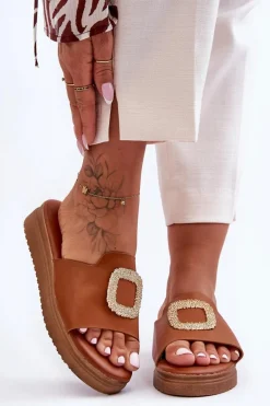 Damskie Klapki Na Platformie Z Ozdobą Brązowe Denicia