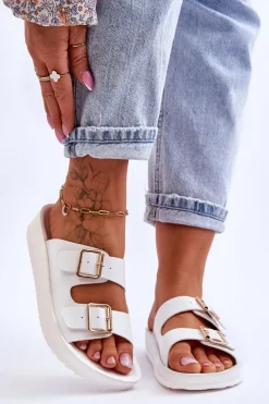 Damskie Klapki Na Platformie Z Paskami Białe Clever