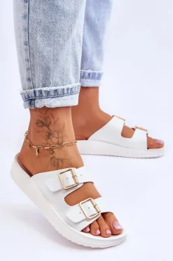 Damskie Klapki Na Platformie Z Paskami Białe Clever