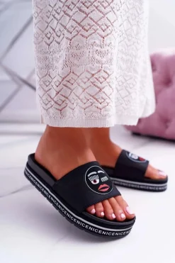 Damskie Klapki Na Platformie S.Barski 802-10 Czarne