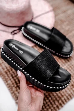 Damskie Klapki na Platformie Czarne Srebrne Venima