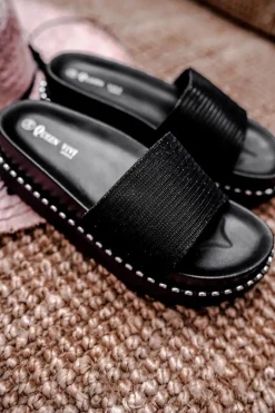 Damskie Klapki na Platformie Czarne Srebrne Venima