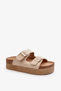 Damskie Klapki Na Platformie Z Klamrami Beżowe Lolpey