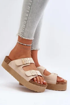Damskie Klapki Na Platformie Z Klamrami Beżowe Lolpey