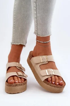 Damskie Klapki Na Platformie Z Klamrami Beżowe Lolpey