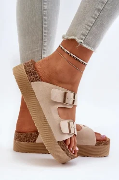 Damskie Klapki Na Platformie Z Klamrami Beżowe Lolpey