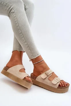 Damskie Klapki Na Platformie Z Klamrami Beżowe Lolpey