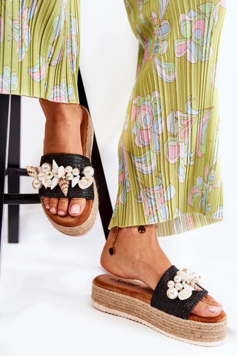 Damskie Klapki Na Platformie Z Muszelkami Czarne Tolia