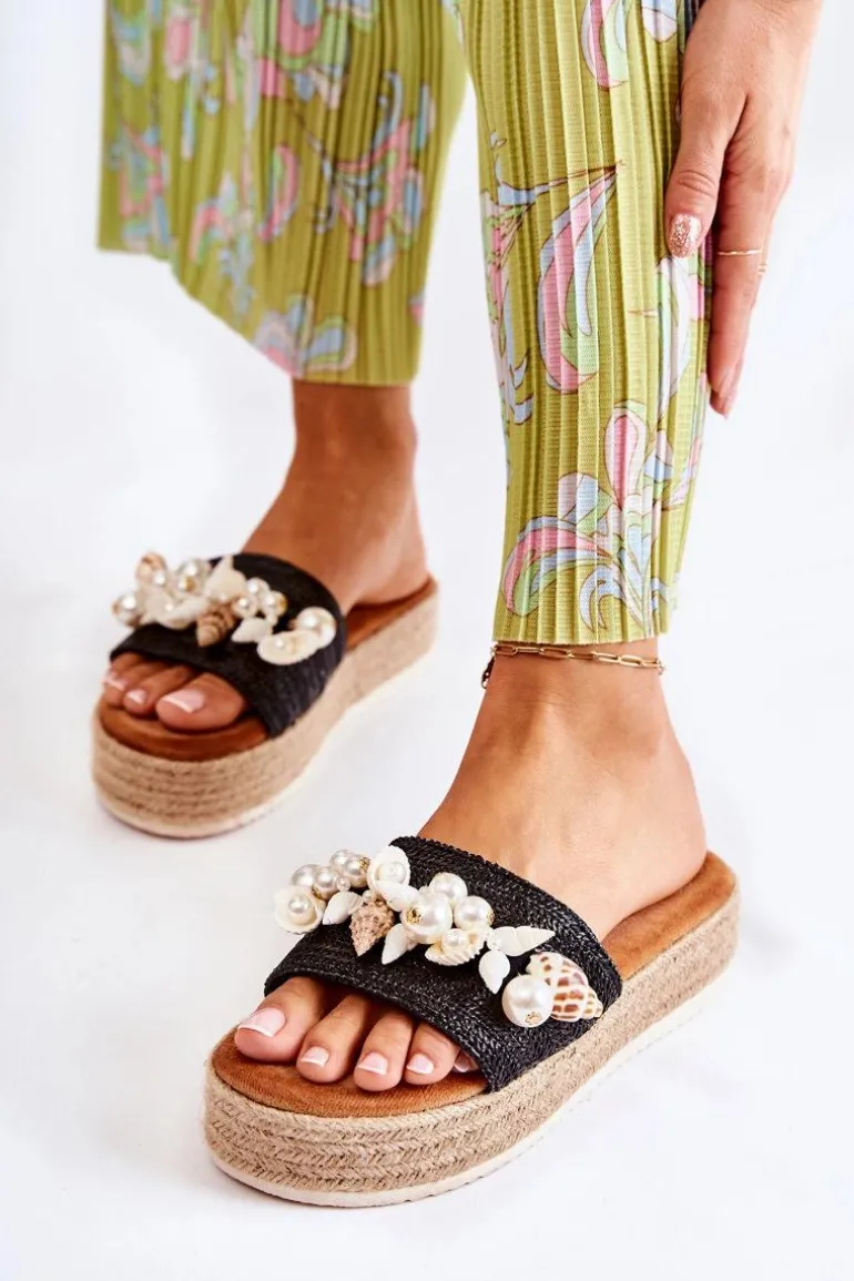 Damskie Klapki Na Platformie Z Muszelkami Czarne Tolia