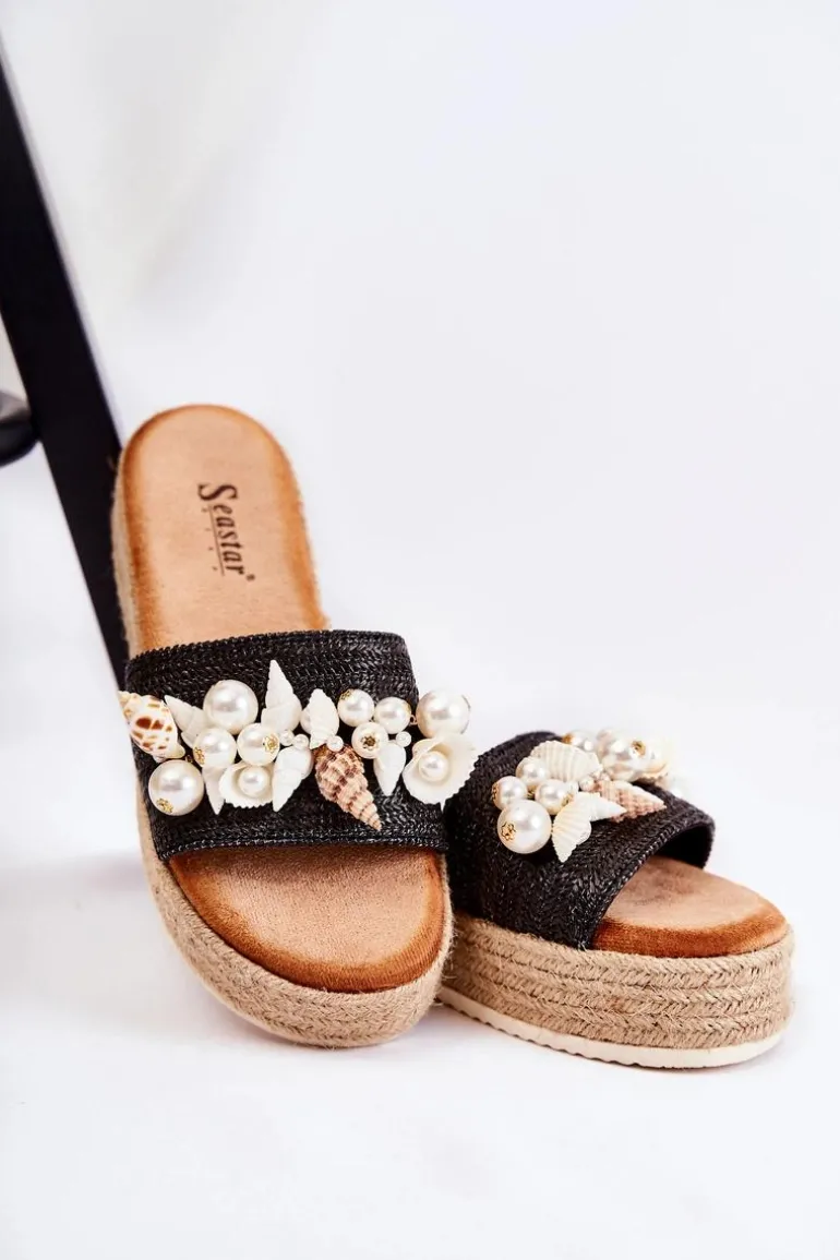 Damskie Klapki Na Platformie Z Muszelkami Czarne Tolia