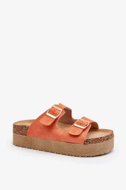 Damskie Klapki Na Platformie Z Klamrami Pomarańczowe Lolpey