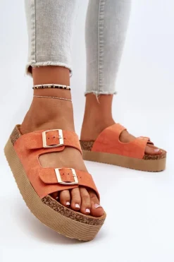 Damskie Klapki Na Platformie Z Klamrami Pomarańczowe Lolpey