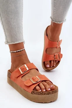Damskie Klapki Na Platformie Z Klamrami Pomarańczowe Lolpey