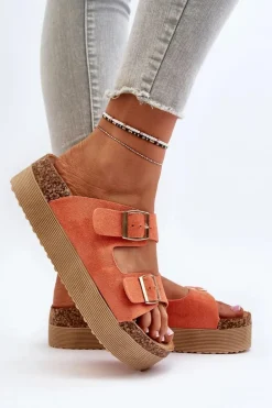 Damskie Klapki Na Platformie Z Klamrami Pomarańczowe Lolpey