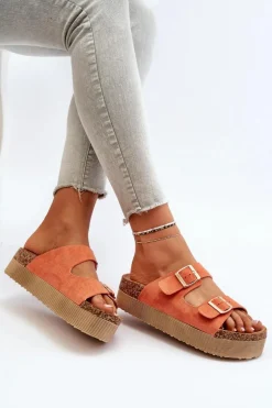 Damskie Klapki Na Platformie Z Klamrami Pomarańczowe Lolpey