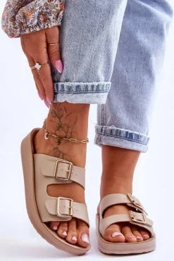 Damskie Klapki Na Platformie Z Paskami Beżowe Clever