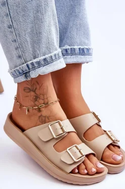 Damskie Klapki Na Platformie Z Paskami Beżowe Clever