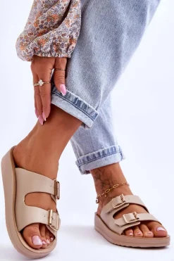 Damskie Klapki Na Platformie Z Paskami Beżowe Clever