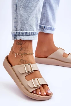 Damskie Klapki Na Platformie Z Paskami Beżowe Clever