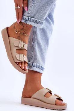 Damskie Klapki Na Platformie Z Paskami Beżowe Clever