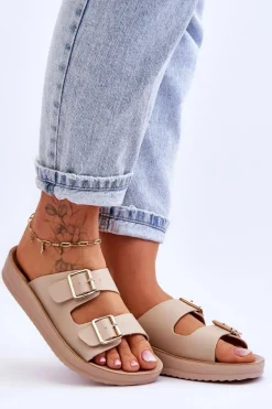 Damskie Klapki Na Platformie Z Paskami Beżowe Clever