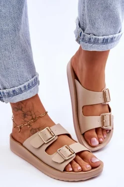 Damskie Klapki Na Platformie Z Paskami Beżowe Clever