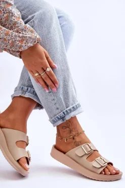 Damskie Klapki Na Platformie Z Paskami Beżowe Clever