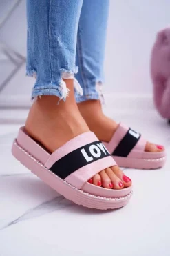 Damskie Klapki Na Platformie Z Dżetami Love Różowe MoreLove