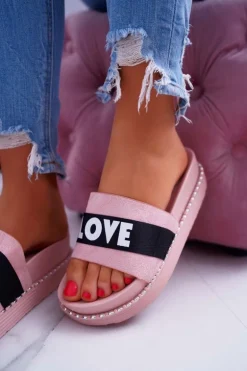 Damskie Klapki Na Platformie Z Dżetami Love Różowe MoreLove