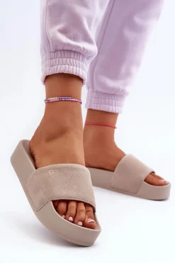 Damskie Klapki Na Platformie Zamszowe Big Star NN274A671 Beżowe