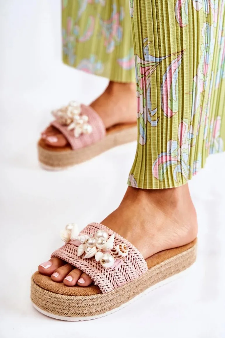 Damskie Klapki Na Platformie Z Muszelkami Różowe Tolia