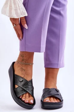 Damskie Klapki Na Platformie Z Ozdobą Czarne Brooklyn