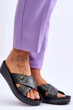 Damskie Klapki Na Platformie Z Ozdobą Czarne Brooklyn