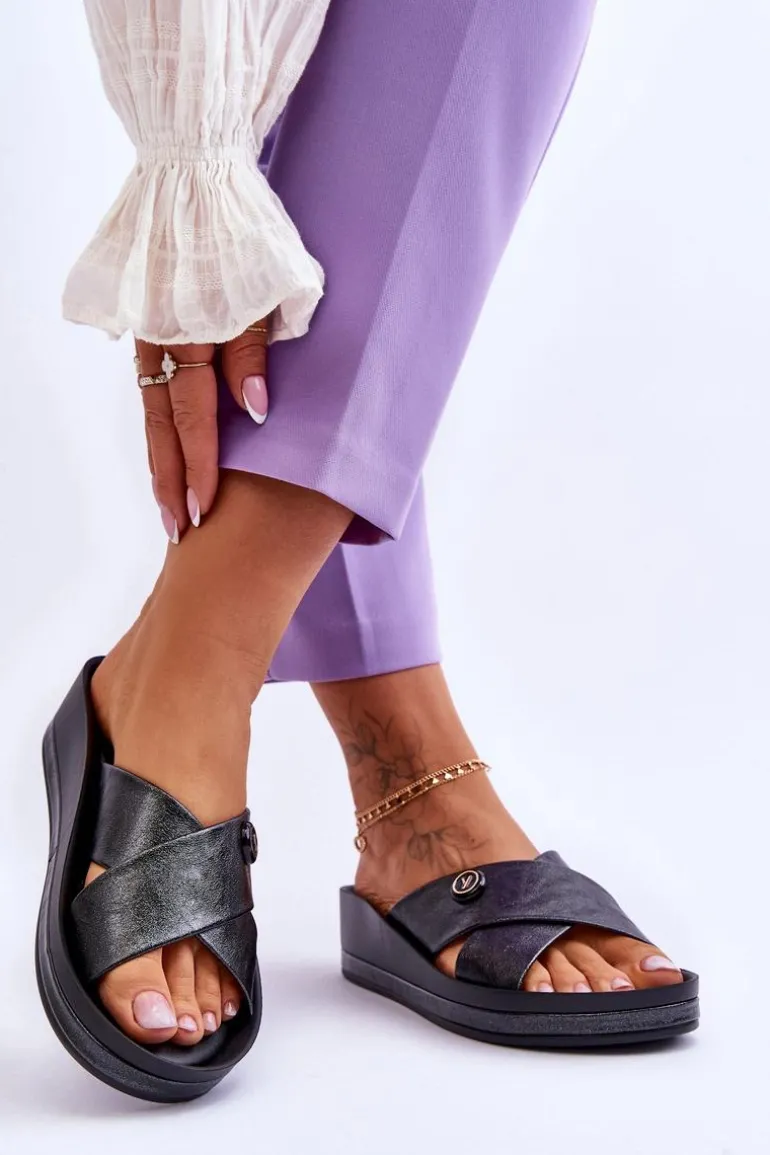 Damskie Klapki Na Platformie Z Ozdobą Czarne Brooklyn