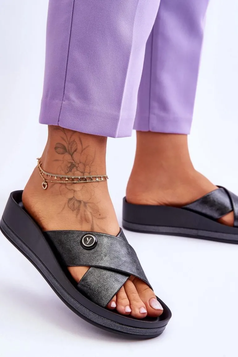 Damskie Klapki Na Platformie Z Ozdobą Czarne Brooklyn