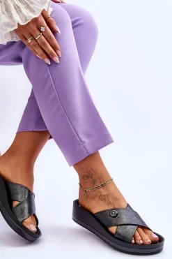 Damskie Klapki Na Platformie Z Ozdobą Czarne Brooklyn