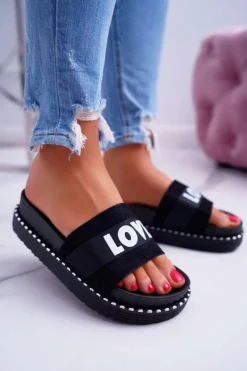 Damskie Klapki Na Platformie Z Dżetami Love Czarne MoreLove
