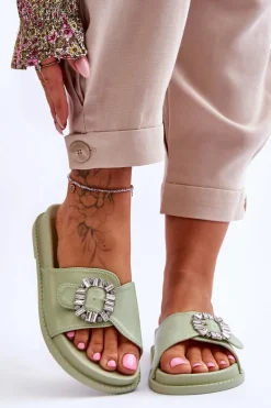Damskie Klapki Na Platformie Z Ozdobą Zielone Beneca