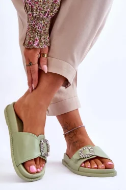 Damskie Klapki Na Platformie Z Ozdobą Zielone Beneca