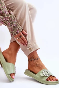 Damskie Klapki Na Platformie Z Ozdobą Zielone Beneca