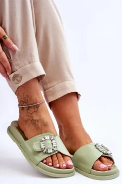 Damskie Klapki Na Platformie Z Ozdobą Zielone Beneca