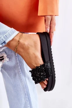 Damskie Klapki Na Platformie Z Ozdobami Czarne Almina